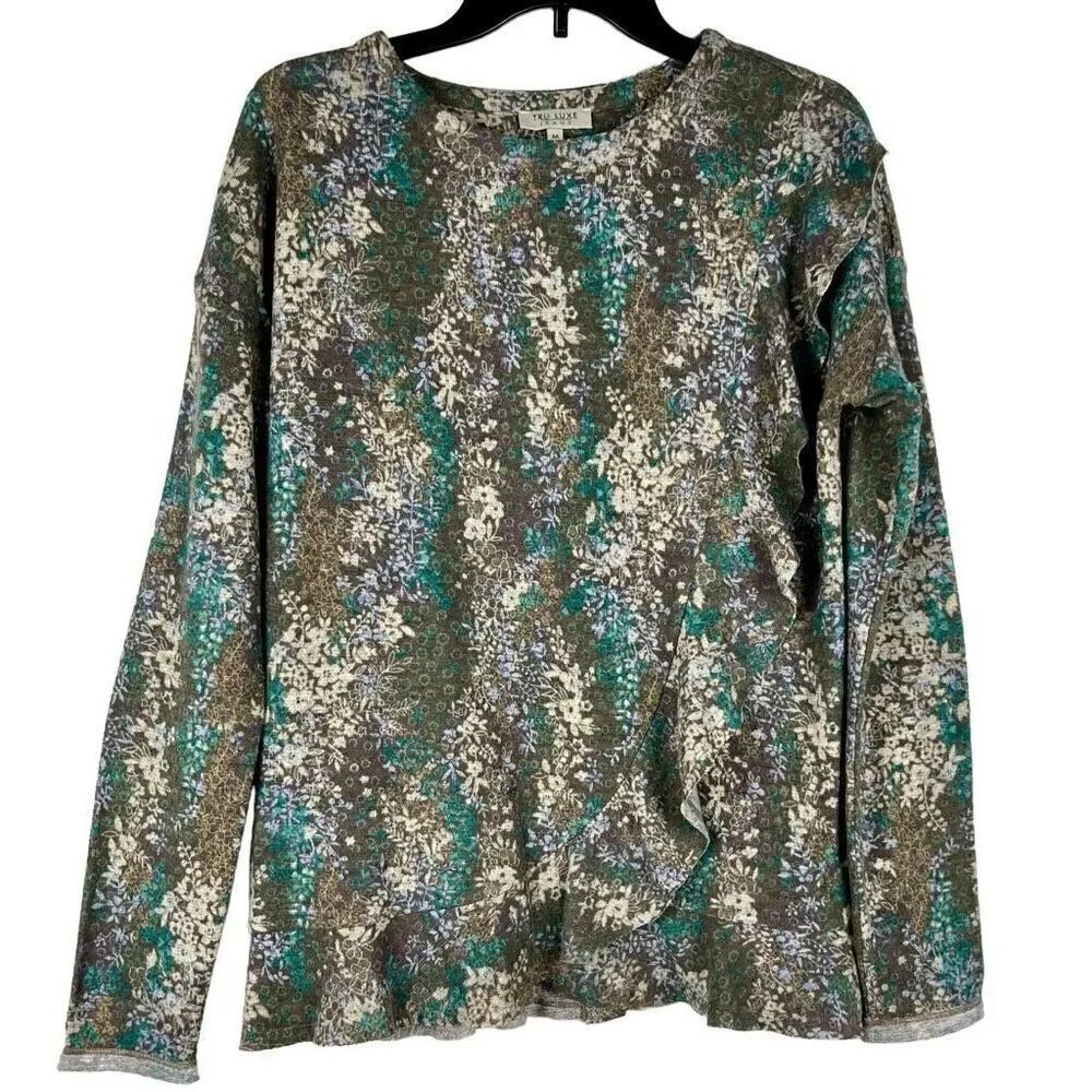 NWT Tru Luxe Jeans Floral Ruffle Trim Long Sleeve Top Medium